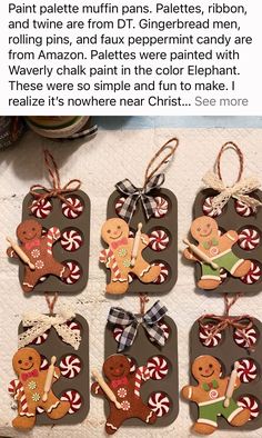 christmas ornaments made out of wood and paper are displayed on a table with text that reads,