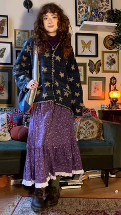 Purple Star Outfit, Whimsigoth Street Style, Whimsy Goth Winter, Star Cardigan Outfit, Whimsy Goth Style, Whimsy Outfit Ideas, Purple Long Skirt Outfit, Whimsy Goth Aesthetic Outfits, Whimsy Goth Crochet