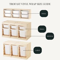 three wooden shelves with different types of storage containers on each shelf and labeled labels below