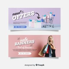 two banners with shopping bags and presents for sale on pink, blue and white background