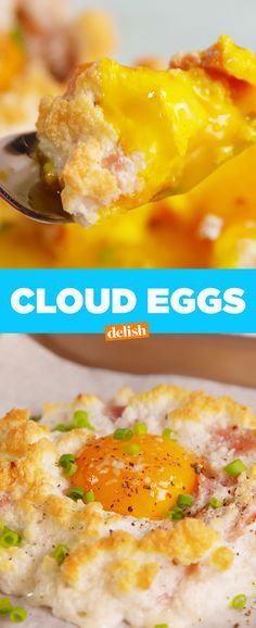 a close up of food on a plate with a fork in it and the words cloud eggs