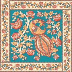 an intricately designed blue and orange floral design with birds on the border, surrounded by leaves