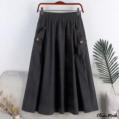 Olivia Mark - Stylish Half-Length Skirt with Functional Pockets, Adjustable Waistband, and Flared Hem A Line Skirt Midi, Professional English, Long A Line Skirt, Button Midi Skirt, Midi Skirt With Pockets, Old Fashion Dresses, Midi Flare Skirt, Utility Pockets, Work Skirts