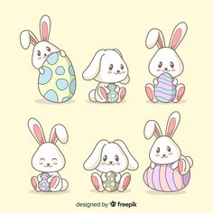 cute easter bunnies with painted eggs in different styles and colors, set of four