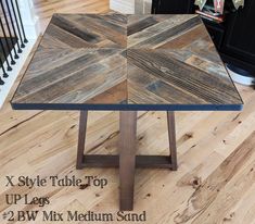 the table top is made out of wood and has four different sections on each side