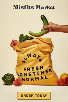 a bag full of fresh fruits and vegetables with the words always fresh sometimes normal written on it