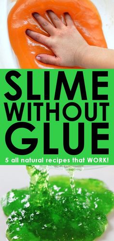 a person washing their hands with green slime in front of the text, slime without glue 5 all natural recipes that work