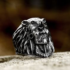 Indian Chief Stainless Steel Tribal Ring 01 | Gthic.com Indian Skull Ring, Dinosaur Ring, Indian Ring, Indian Rings, Wedding Ring Bands Set, Gothic Bracelet, Ring Bands, Christian Bracelets, Mens Stainless Steel Rings