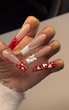 Red And White Nails, Vday Nails, Acrylic Toe Nails, Long Acrylic Nail Designs, Hard Nails, Girly Acrylic Nails, Long Acrylic Nails Coffin