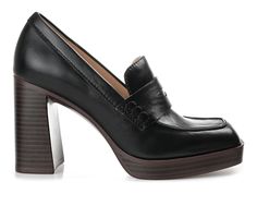 Vintage vibes define the Ezzey loafers by Journee Collection. This vegan leather loafer is detailed with a strap accent and a square toe for a super chic look. A block heel lined with a padded footbed elevates this slip-on silhouette. Luxe Vegan Leather upper, Slip-on entry, Approx. 3 1/2\ stacked block heel, Square toe, Padded insole, Man-made outsole | Women's Journee Collection Ezzey Block Heel Platform Loafers in Black Size 8.5 Wide Business Blazer Outfits For Women, Trendy Block Heels With Square Toe For Fall, Trendy Fall Block Heels With Square Toe, Chic Platform Loafers With Block Heel, Chic Platform Loafers With Stacked Heel For Spring, Chic Spring Platform Loafers With Stacked Heel, Spring Trendy Platform Loafers With Square Toe, Trendy Leather Block Heels For Fall, Trendy Square Toe Platform Loafers For Formal Events