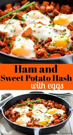 ham and sweet potato hash browns with eggs in a cast iron skillet on a wooden table