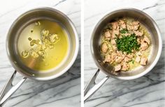 two pictures showing the process of cooking chicken and broccoli in saucepans