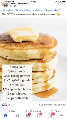 a stack of pancakes with butter on top and the recipe below it is posted in an instagram