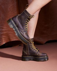 Jadon Boot Arc Crazy Horse Platforms in Brown | Dr. Martens Brown Dr Martens, Jadon Boots, Shoe Brushes, Horse Coloring, Goodyear Welt, Crazy Horse, Platform Boots, Leather Design, Brown Boots