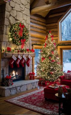 a living room with a christmas tree and fireplace