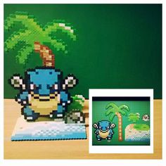 an image of a pixel art piece on a table next to a photo of a plant