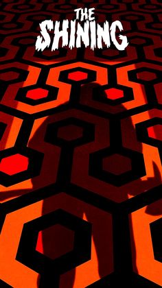 the shining movie poster is shown in red, black and orange colors with an image of a man's shadow