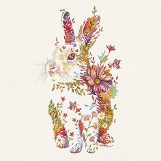 a watercolor painting of a rabbit surrounded by flowers