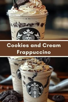 cookies and cream frappuccino is served in two cups with whipped cream on top