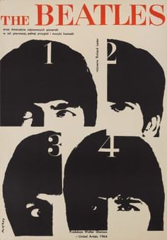 an advertisement for the beatles featuring four men's faces in black and white with numbers on them