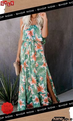 Fragrant Floral Off The Shoulder Maxi Dress Stile Boho Chic, Tropical Print Dress, Ruffle Trim Dress, Strapless Floral Dress, Popular Dresses, Hawaiian Dress, Split Dress, Strapless Maxi Dress, Floor Length Dresses