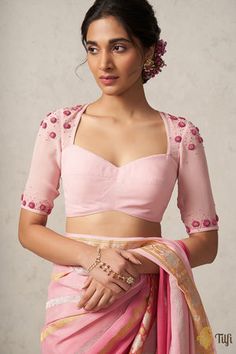 Indian Latest Blouse Designs, Blouse Designs With Tassels, Cute Blouse Designs For Saree, Blouse Ideas For Georgette Saree, Saree Blouse Styles Weddings, Shoulder Embroidery Blouse, Blouse Designs To Look Lean, Simple Georgette Blouse Designs, Modern Indian Blouse Designs