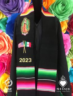 MEXICO TODO CORAZON  Materials -  Zarape                       Tread                      Acrilic STOLE WILL BE SHIPPED AS YOU PURCHASE  Please leave your phone number at check out 78 x 5 In - Selling points - The way this stole is made, it can be used with the Virgen of Guadalupe on either side.  It can be on the left or right side  Estimated Delivery Date. 1 t week processing time If you would like a Personalized stole.  leave notes at check out. Mexican Graduation Sash, Graduation Mexican, Virgen Of Guadalupe, Flower Child Hair, Jalisco Dress, Mexican American Flag, Graduation Stoles, Frida Kahlo Style, Graduation Sash