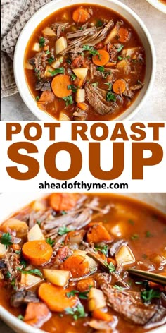 two pictures with different types of soup in them and the words pot roast soup above it