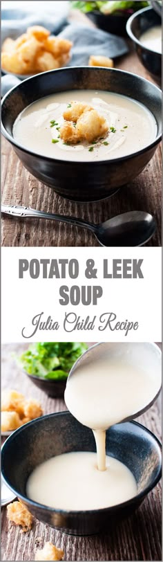 potato and leek soup with sour cream in a black bowl on a wooden table