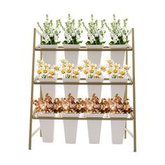 three tiered planter with flowers on each shelf