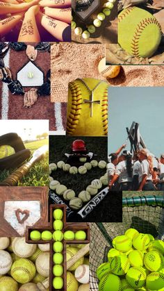 a collage of different pictures with baseballs and other items in them, including balls