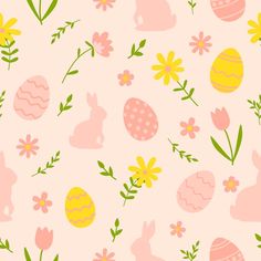 an easter pattern with flowers, eggs and bunnies on a light pink background for wallpaper