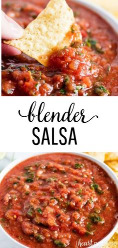 a bowl of salsa with tortilla chips in it and the words blender salsa on