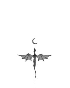 a black and white photo of a dragon flying in the sky with a half moon behind it