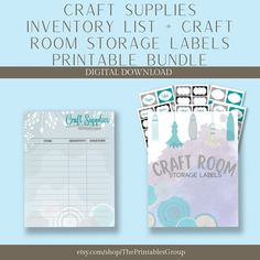 the craft supplies inventory list and craft room storage labels are shown in this printable bundle