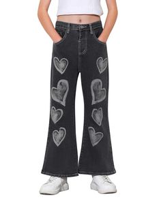 PRICES MAY VARY. Classical bootcut silhouette: Button closure with zipper fly,flared leg opening, 5-pocket design, high waist, and elasticized waistband for a comfortable fit! Matching: A variety of cute prints to choose from: flower print, butterfly print, daisy print, Heart print, make your girl look more fashionable! Can be paired with shirts, T-shirts, vests, jackets, sweatshirts, sweaters to create a cute look. Pre-washed girls' jeans: Made from a soft and durable cotton blend with stretch, Floral Denim Pants, Print Butterfly, Cute Prints, Casual Denim Pants, Silk Pajama Set, Tanktop Girl, Floral Denim, Jeans Bootcut, Silk Pajamas