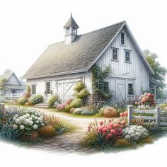 a painting of a white barn with flowers around it