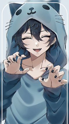 an anime character with black hair wearing a blue hoodie and holding her hands up