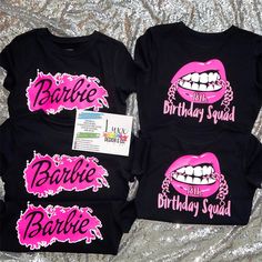 three t - shirts with the words barbie and birthday squad printed on them are laying on a bed