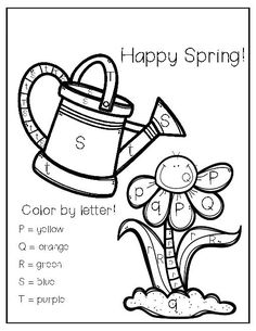 a coloring page with the words happy spring and a watering can on top of it