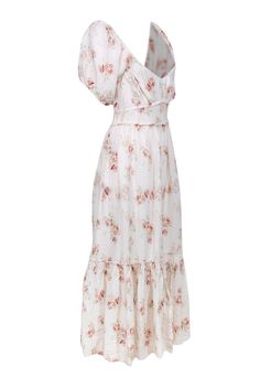 Indulge in some boho-meets-cottage-core vibes with this ivory maxi dress from LoveShackFancy featuring a vibrant pink and maroon floral print. The puff short sleeves add a touch of whimsy, while the maxi length and wedge sandal make it perfect for any summer soiree. Size 8 Fabric contents unavailable Invisible side zipper Puff short sleeves Square neckline Bust 38" Waist 32" Shoulder to hem 54" Sleeve length 11" Feminine Boho Maxi Dress For Vacation, Feminine Cream Maxi Dress With Floral Print, Feminine Cream Floral Print Maxi Dress, Cream Maxi Dress For Vacation, Feminine Cream Maxi Dress For Garden Party, Feminine Boho Maxi Dress For Beach, Spring Boho Maxi Dress For Garden Party, Flowy Feminine Boho Maxi Dress, Cream Maxi Dress For Summer Garden Party