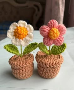 two crocheted flower pots sitting on top of a table