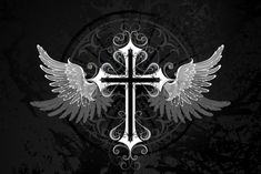 an artistic cross with wings on a black and white grungy wallpaper background