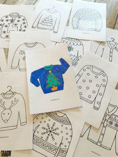 several sweaters are drawn on paper and placed next to each other with the same pattern