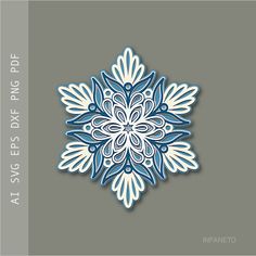 a blue and white snowflake on a gray background