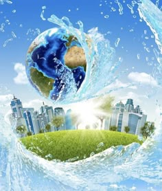 the earth is floating in the air with water splashing around it and buildings on the other side