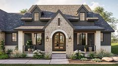 this is an artist's rendering of the front elevation of a house with stone accents