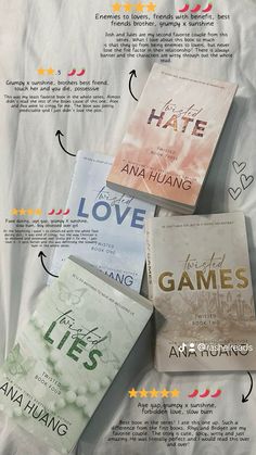 four books are laying on top of each other with the words love games written below them