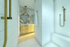 the bathroom is decorated in white and gold with flowers on the wall, along with a walk - in shower