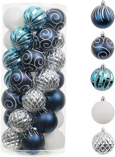 blue and silver ornaments in a clear box